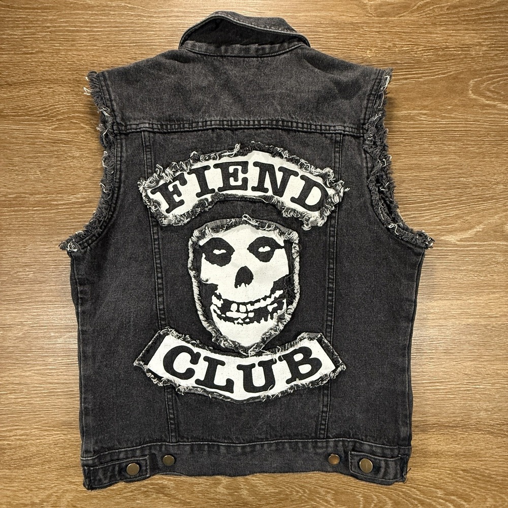 Misfits Fiend Club Denim Vest S Black Acid Wash Punk Rock Horror Skull Jacket